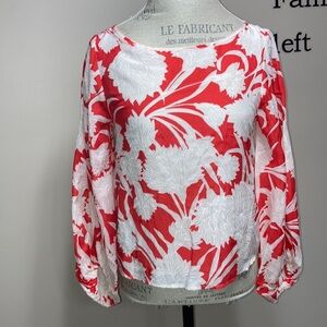 Club Monaco red white long sleeve floral print puff sleeve blouse small